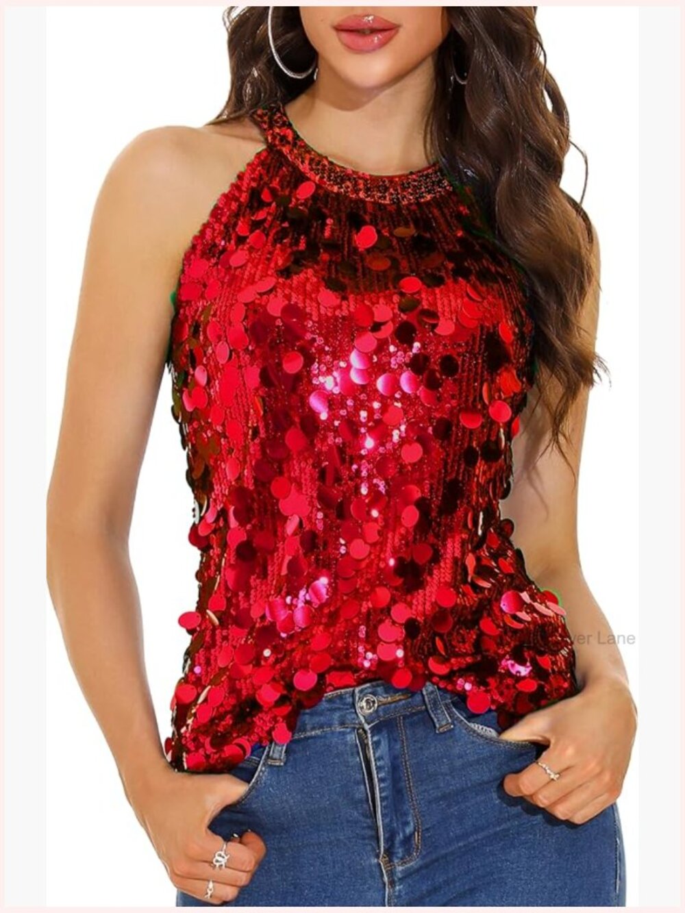 Sleeveless Sequin Halter Tank Top for Women Party Concert Blouse Sparkly Glitter